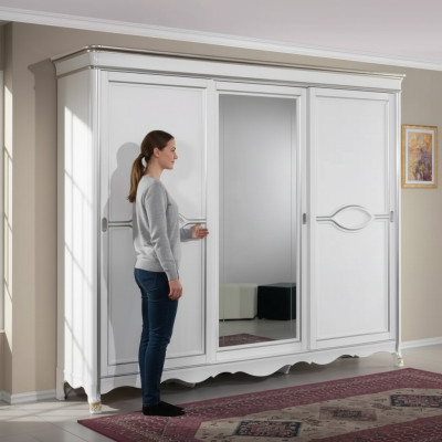 Armario clásico blanco con puertas espejadas diseño de muebles de dormitorio.
