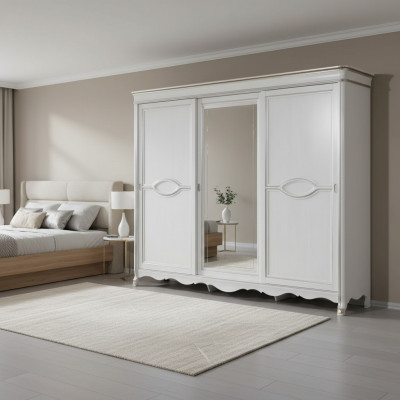 Armario clásico blanco con puertas espejadas diseño de muebles de dormitorio.