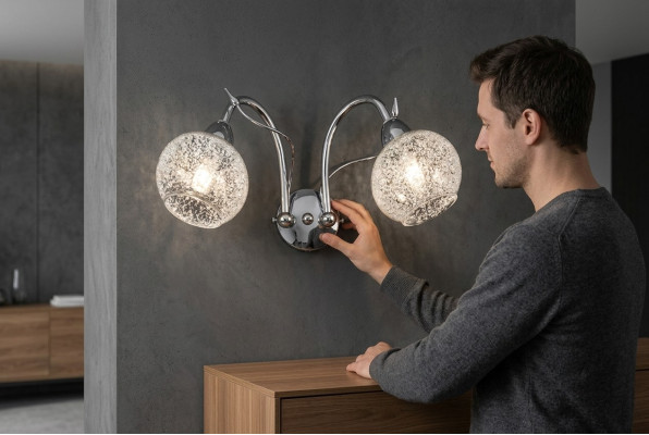 Lujoso aplique de pared gris con 2 lámparas en forma redonda para decoración.