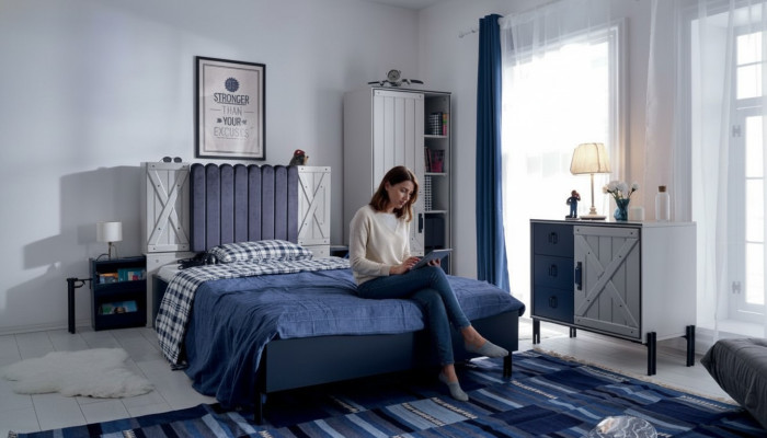 Lujo moderno azul set de dormitorio cama cómoda estante de libros madera nuevo 3 piezas.