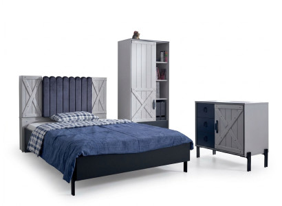 Lujo moderno azul set de dormitorio cama cómoda estante de libros madera nuevo 3 piezas.