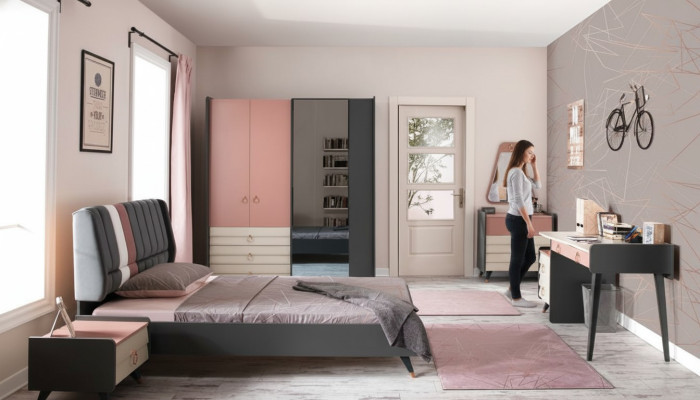 Dormitorio 6 piezas Cama Mesita de noche Armario Cómoda Espejo Escritorio