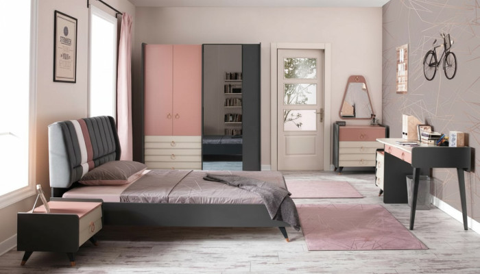Dormitorio 6 piezas Cama Mesita de noche Armario Cómoda Espejo Escritorio