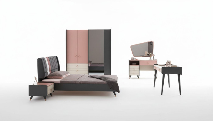 Dormitorio 6 piezas Cama Mesita de noche Armario Cómoda Espejo Escritorio