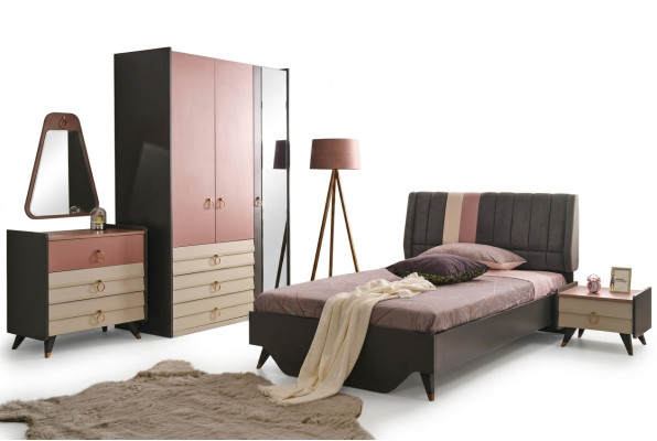 Juego de dormitorio de lujo con cama, mesita de noche, armario, cómoda y espejo nuevo.