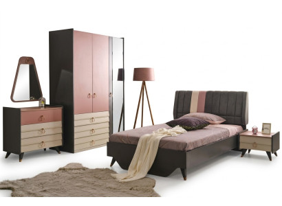 Juego de dormitorio de lujo con cama, mesita de noche, armario, cómoda y espejo nuevo.