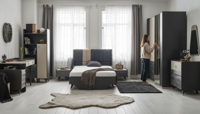 Juego de dormitorio gris de lujo para jóvenes y niños de 7 piezas cama