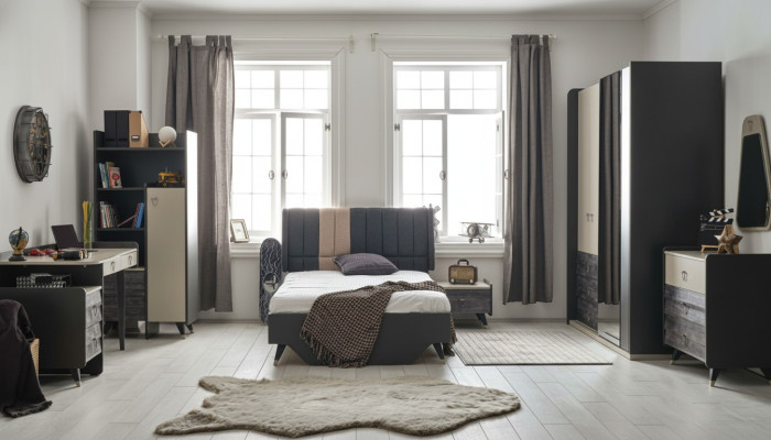 Juego de dormitorio gris de lujo para jóvenes y niños de 7 piezas cama
