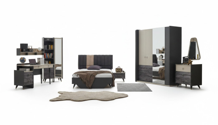 Juego de dormitorio gris de lujo para jóvenes y niños de 7 piezas cama