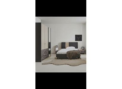 Set de dormitorio gris de lujo y moderno con elegante cama y mesita de noche nueva.