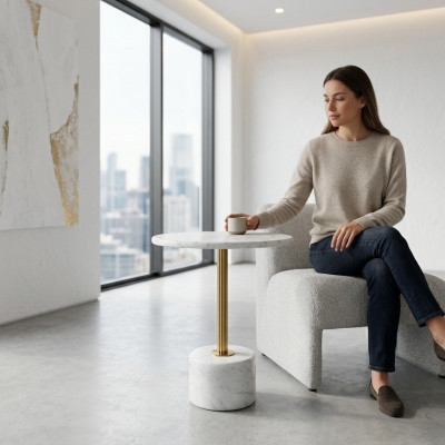 Mesa de centro redonda de mármol blanco moderna de lujo, mesa auxiliar nueva