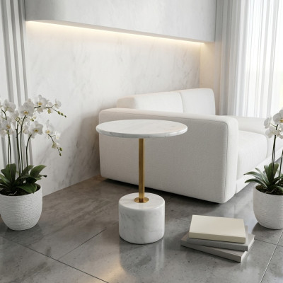 Mesa de centro redonda de mármol blanco moderna de lujo, mesa auxiliar nueva