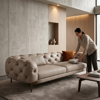 Sofá de 3 plazas de lujo en beige, diseño de sofás con tapizado de cuero artificial nuevo y moderno.
