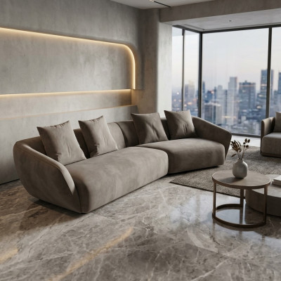 Exclusivo sofá de 4 plazas de lujo de tela, muebles textiles modernos, color gris.