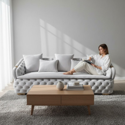 sofá de tela Chesterfield de lujo de 3 plazas en gris, diseño moderno y nuevo