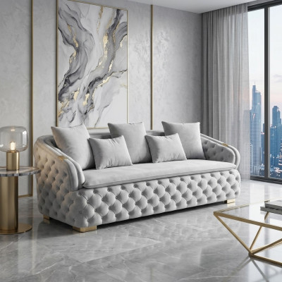 sofá de tela Chesterfield de lujo de 3 plazas en gris, diseño moderno y nuevo
