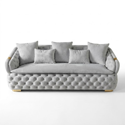 sofá de tela Chesterfield de lujo de 3 plazas en gris, diseño moderno y nuevo