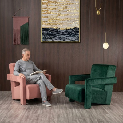 Sofá moderno de una plaza con tela de textil y dos sillones.