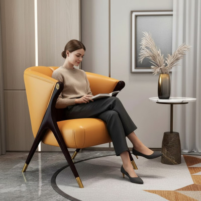 Diseño de lujo Naranja Sillón Silla Sofá de 1 plaza Chaise de televisión de cuero artificial