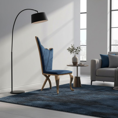 Elegante sillón azul con diseño de cojín de asiento tapizado en metal y textiles de estilo moderno.