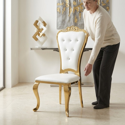 Estilo moderno, elegante silla blanca con asiento acolchado de diseño de metal y textil.