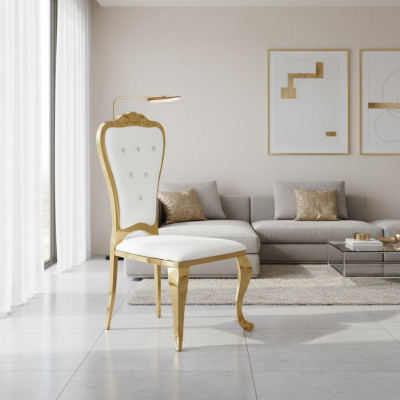 Estilo moderno, elegante silla blanca con asiento acolchado de diseño de metal y textil.