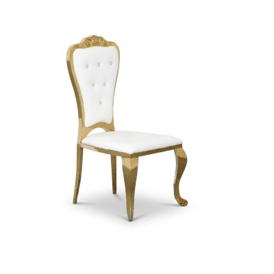 Estilo moderno, elegante silla blanca con asiento acolchado de diseño de metal y textil.