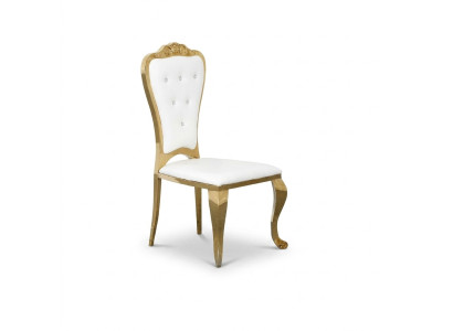 Estilo moderno, elegante silla blanca con asiento acolchado de diseño de metal y textil.