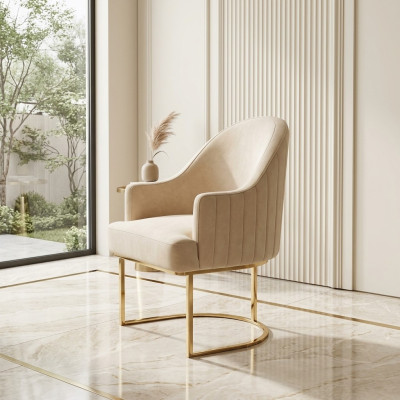 Sillas de comedor, sala de estar de lujo en beige con metal moderno nuevo.