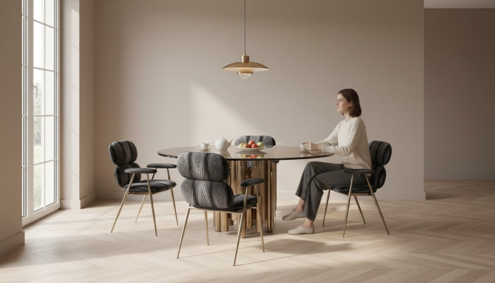 Mesa de comedor redonda de vidrio dorado de diseñador, mesas redondas modernas de lujo.