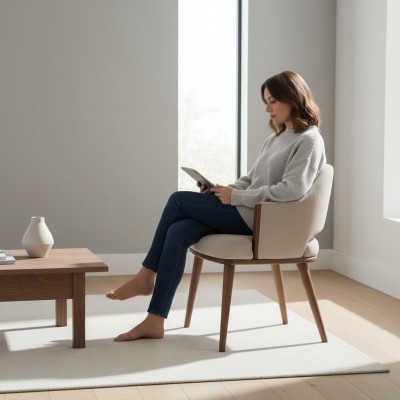 Silla de tapizado beige estructura de madera silla de cocina con respaldo de apoyo y reposabrazos