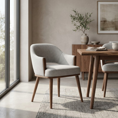 Silla de tapizado beige estructura de madera silla de cocina con respaldo de apoyo y reposabrazos