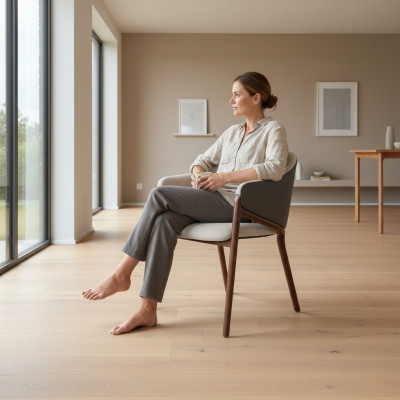 Silla de comedor de diseñador en tono gris topo con estructura de madera, tapizado de lujo, silla individual.