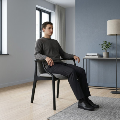 Silla de comedor gris diseñada, marco de madera, silla con apoyabrazos, muebles tapizados.