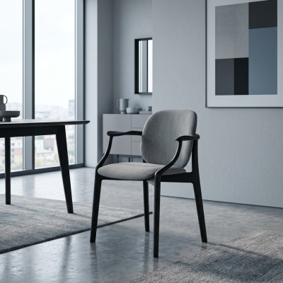 Silla de comedor gris diseñada, marco de madera, silla con apoyabrazos, muebles tapizados.