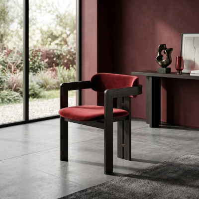 Silla de comedor roja de lujo con estructura de madera, tapizada por diseñador, de una sola plaza en textil.