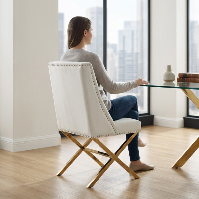 Silla de comedor blanca de diseñador, mueble textil de acero inoxidable de una plaza.