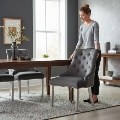 Silla de comedor Chesterfield gris, silla tapizada de tela, una plaza de lujo.