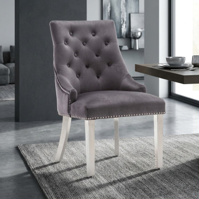 Silla de comedor Chesterfield gris, silla tapizada de tela, una plaza de lujo.
