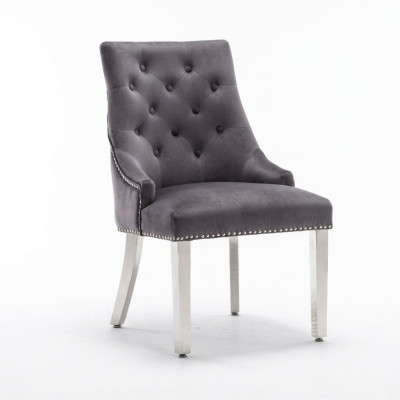 Silla de comedor Chesterfield gris, silla tapizada de tela, una plaza de lujo.