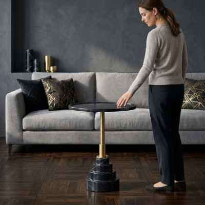 Mesa de centro negra moderna de lujo de mármol mesas auxiliares redondas de sala de estar.