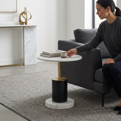 Mesa auxiliar de imitación de mármol blanco, estilo redondo, mesa de diseño.