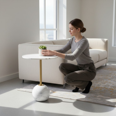 Mesa auxiliar blanca Elegante mesa de centro redonda de sala de estar Muebles de mármol