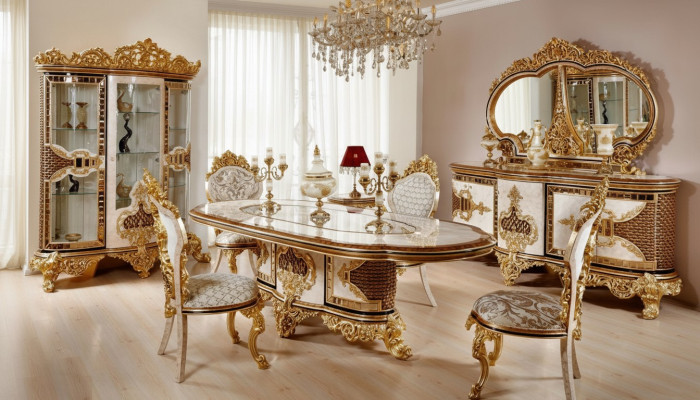 Lujo Juego de comedor clásico blanco con mesa de comedor, 6 sillas y cómoda