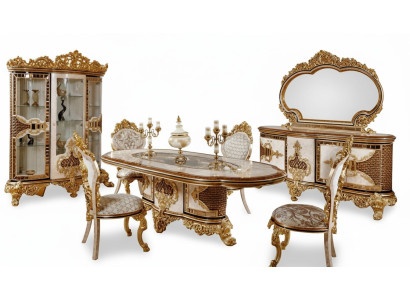 Lujo Juego de comedor clásico blanco con mesa de comedor, 6 sillas y cómoda