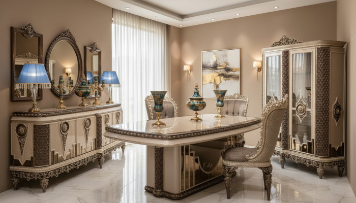 Juego de comedor clásico Tauper de lujo con mesa, sillas y cómoda