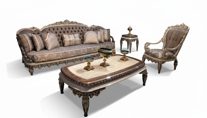 Sofá clásico Chesterfield en color topo, conjunto de 3 plazas + 1 + 1, sofisticados sofás de lujo.