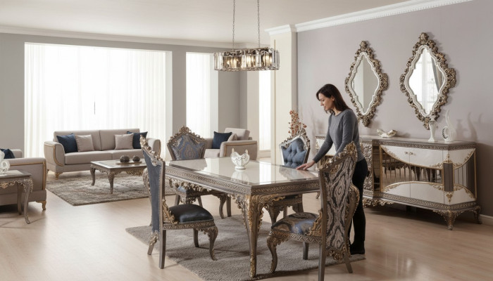 Conjunto de comedor blanco y beige: mesa de comedor, sillas de comedor, cómoda, espejo.