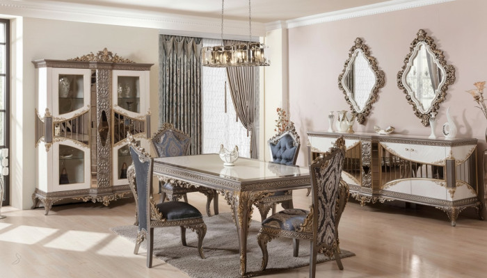 Conjunto de comedor blanco y beige: mesa de comedor, sillas de comedor, cómoda, espejo.