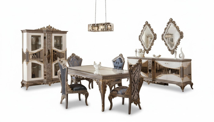 Conjunto de comedor blanco y beige: mesa de comedor, sillas de comedor, cómoda, espejo.